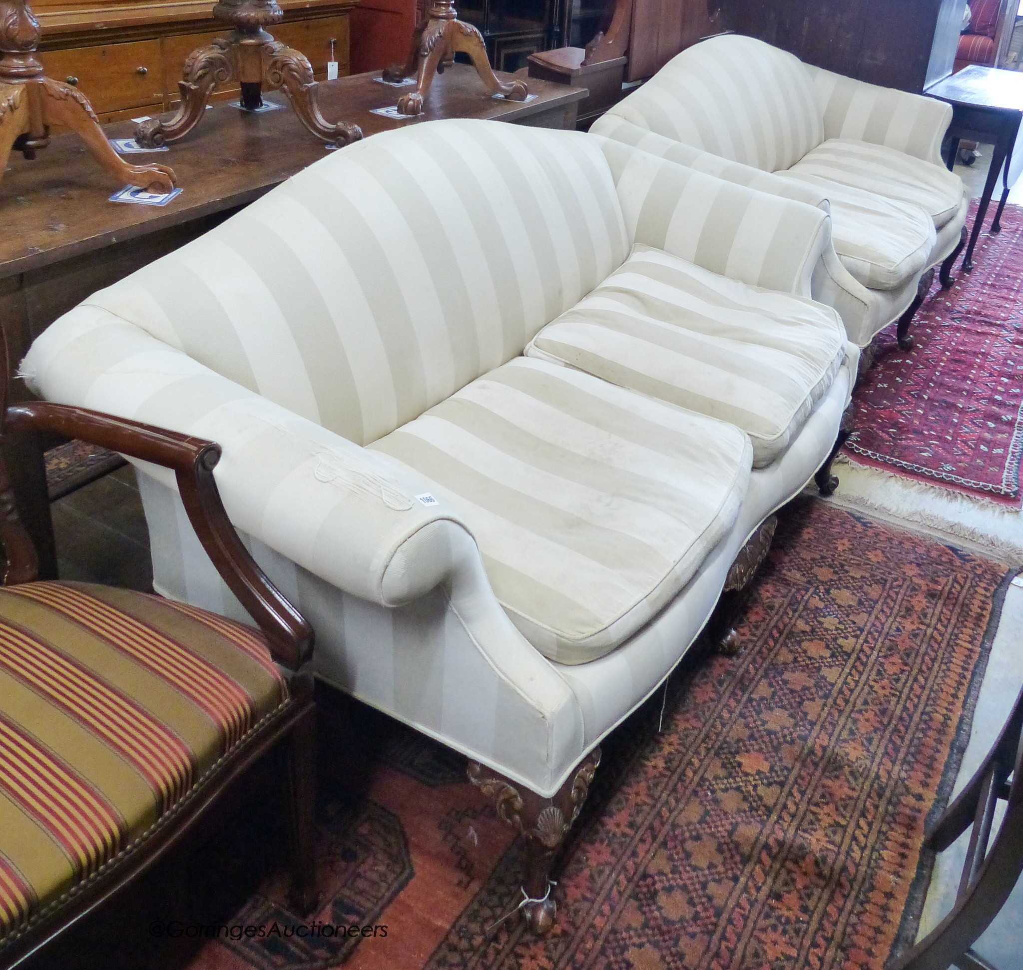 A pair of Georgian style two-seater settees. W-176, D-88, H-90cm.